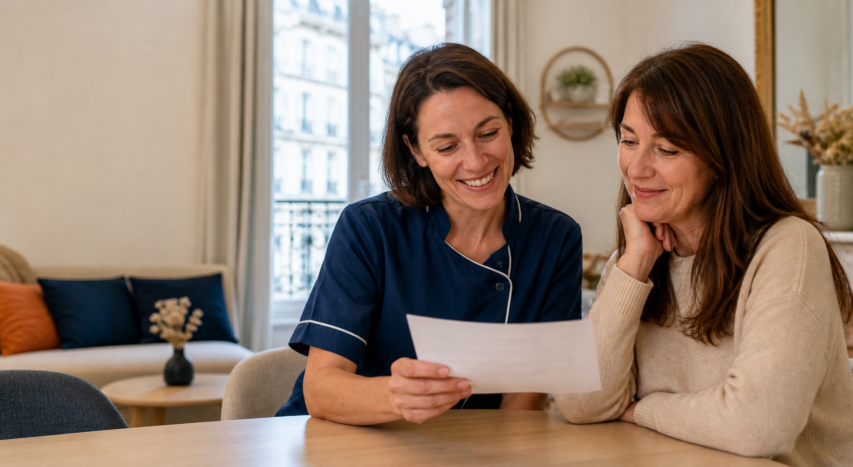 Une intervenante Ell'a Services accompagne une cliente pour vérifier son titre CESU préfinancé.
