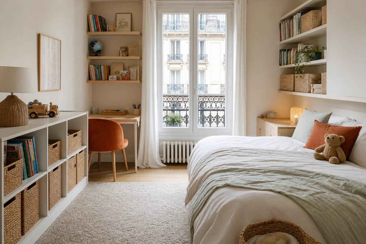 Chambre rangée à Paris avec paniers, étagères organisées et lit préparé