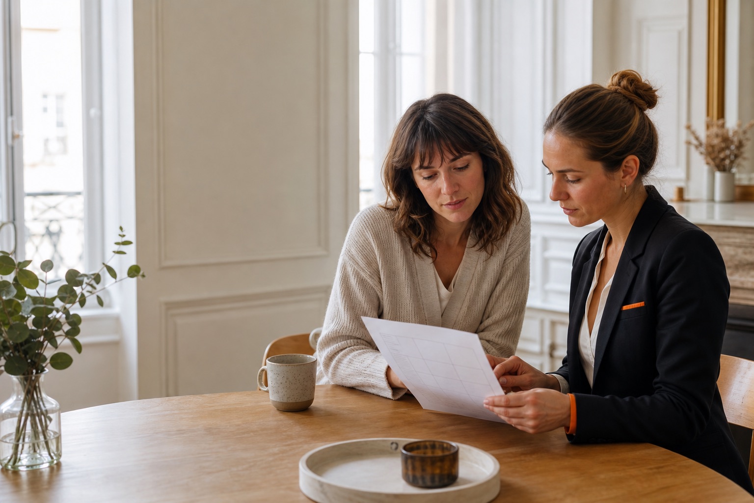Une cliente définit ses besoins de ménage avec une responsable Ell'a Services dans son appartement parisien