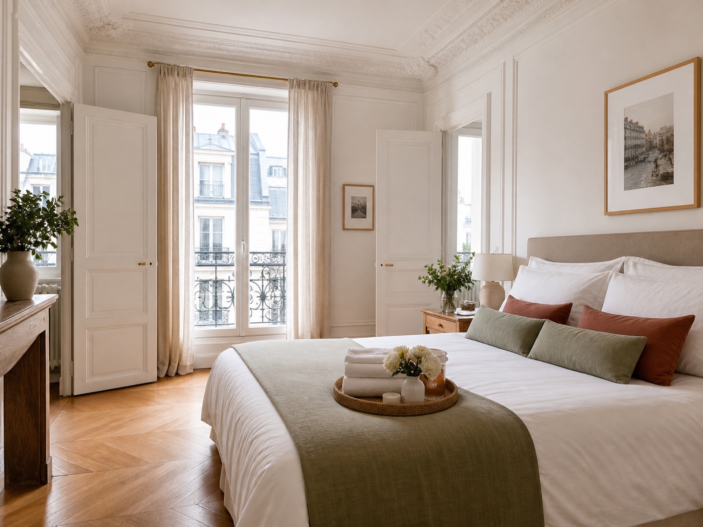 Chambre d'appartement parisien préparée avec linge frais pour une arrivée