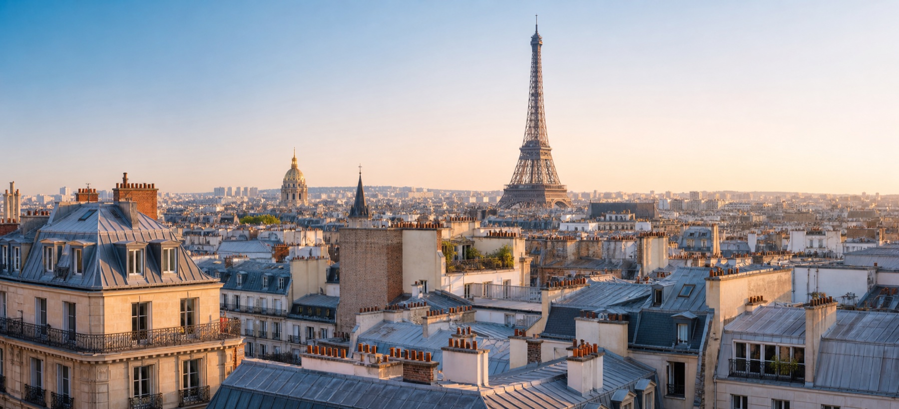 Vue sur les toits de Paris et la tour Eiffel, zone d'intervention de la conciergerie Ell'a Services