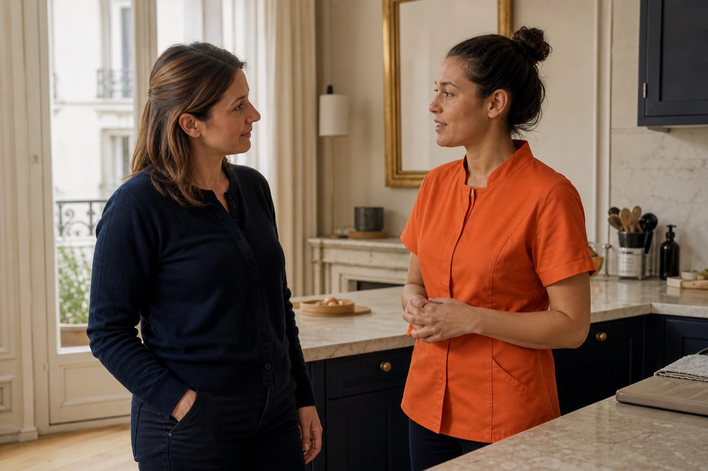 Une cliente échange avec une intervenante en tenue orange dans un appartement parisien