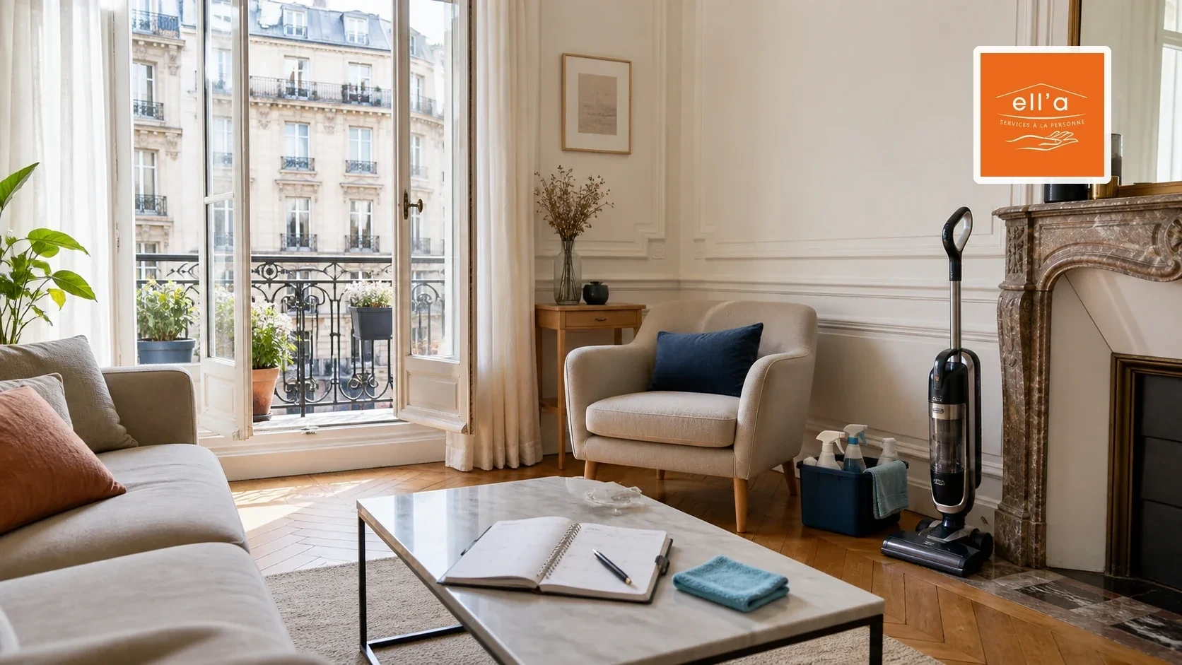 Matériel d'entretien Ell'a Services prêt dans un salon parisien, pour un ménage régulier au même niveau d'exigence
