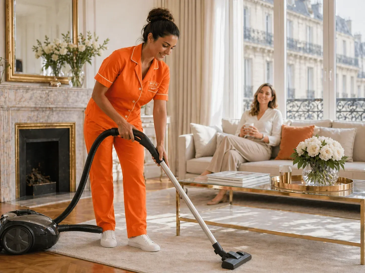 Intervenante Ell'a Services passant l'aspirateur pendant qu'une cliente se détend dans son salon parisien