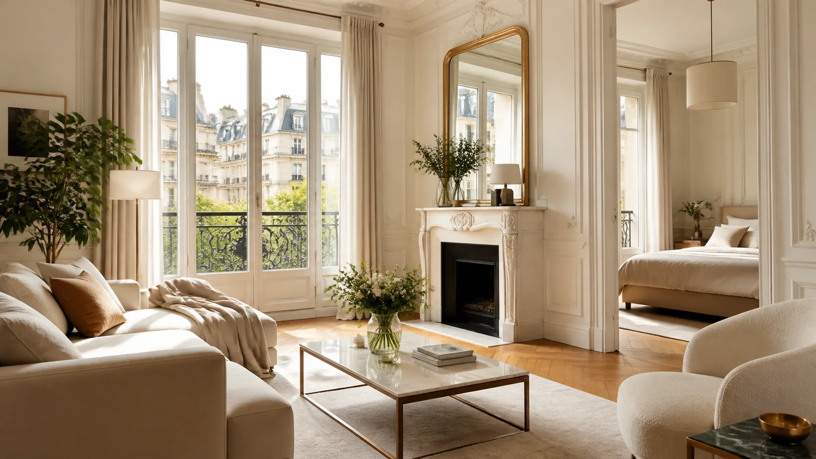 Séjour et chambre d'un appartement parisien parfaitement rangés