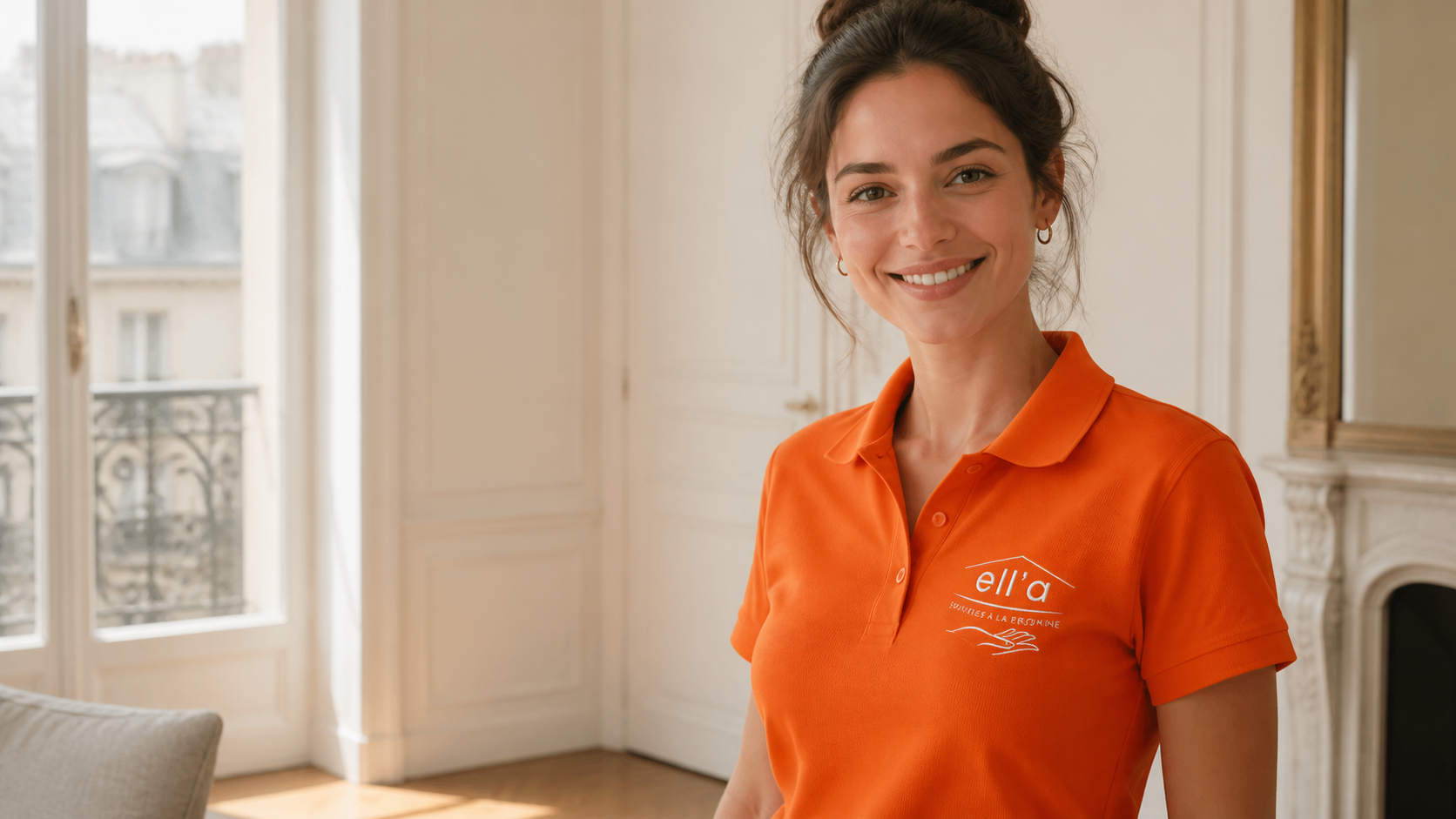 Intervenante Ell'a Services en tenue orange avec le logo brodé dans un appartement parisien