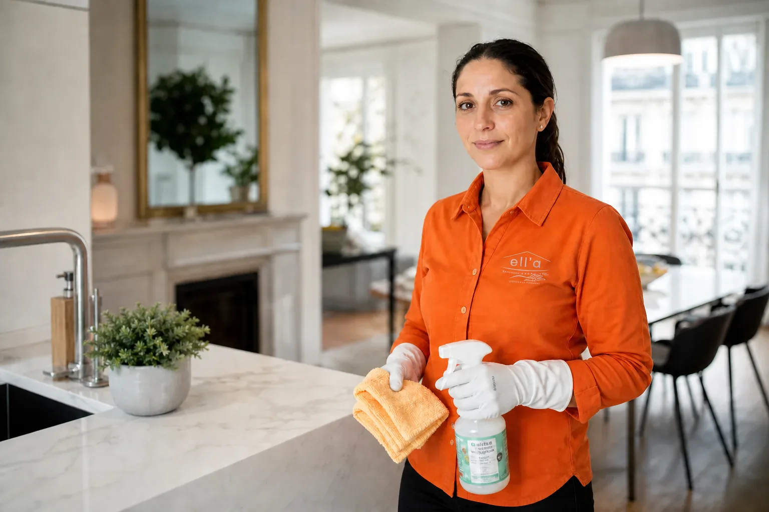 Intervenante Ell'a Services en chemisier orange avec logo blanc brodé pour le ménage à domicile à Paris