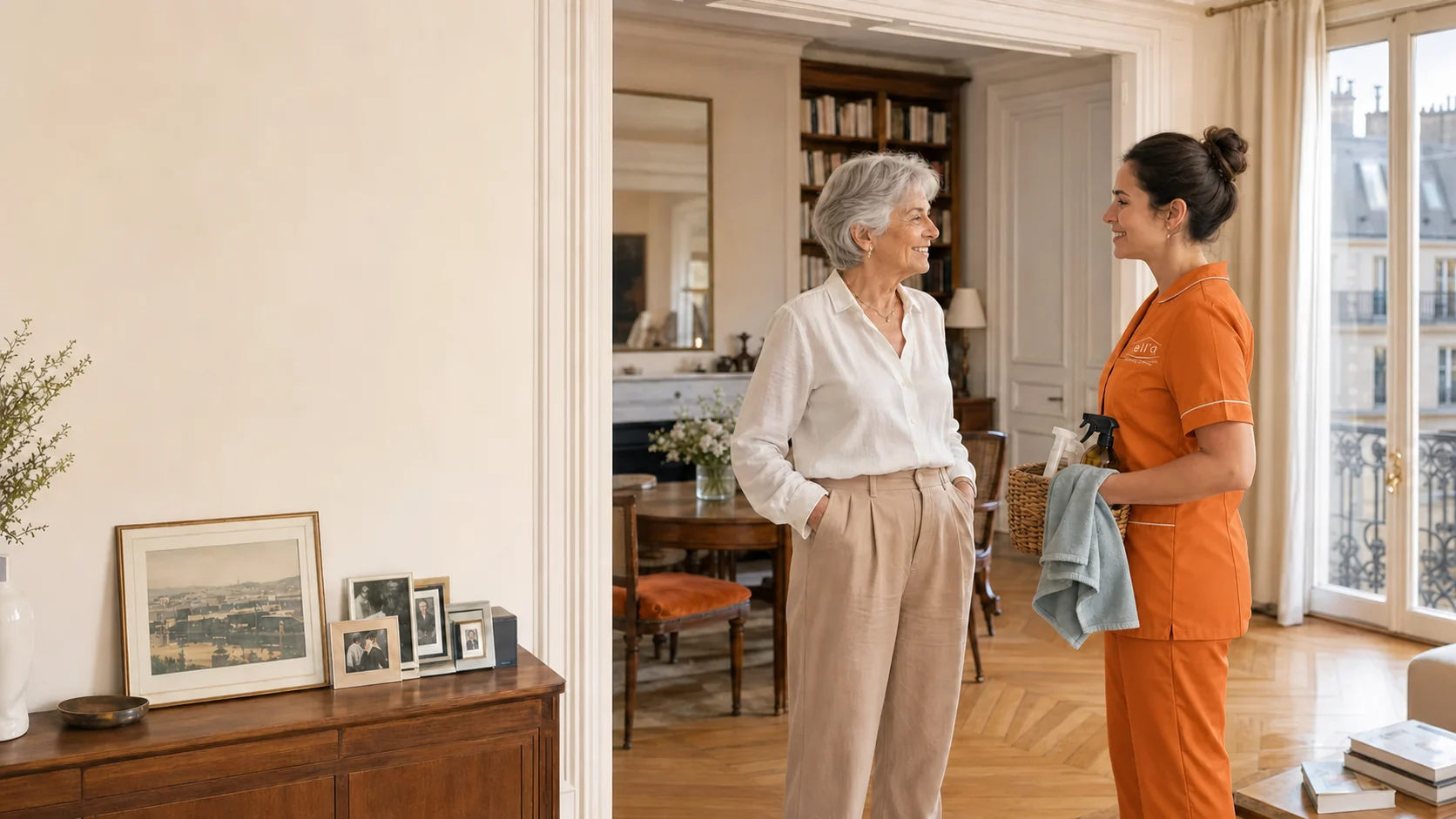 Senior autonome échangeant avec une intervenante Ell'a Services en tenue orange dans son appartement parisien