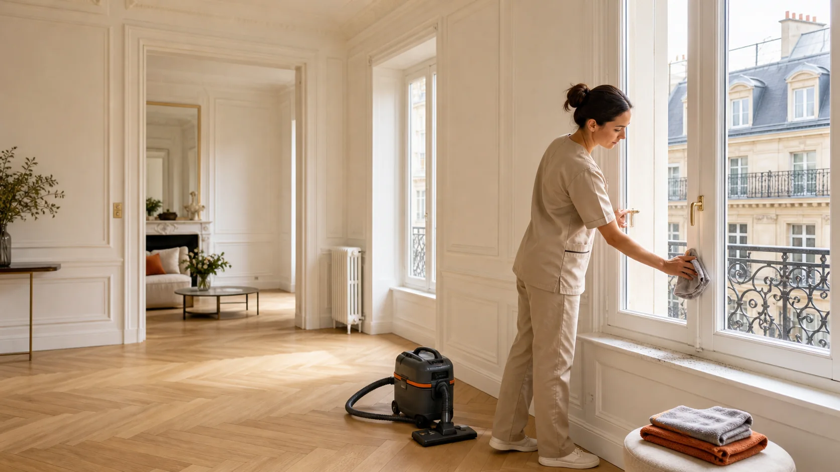 Professionnelle nettoyant avec soin les fenêtres d'un appartement parisien après rénovation