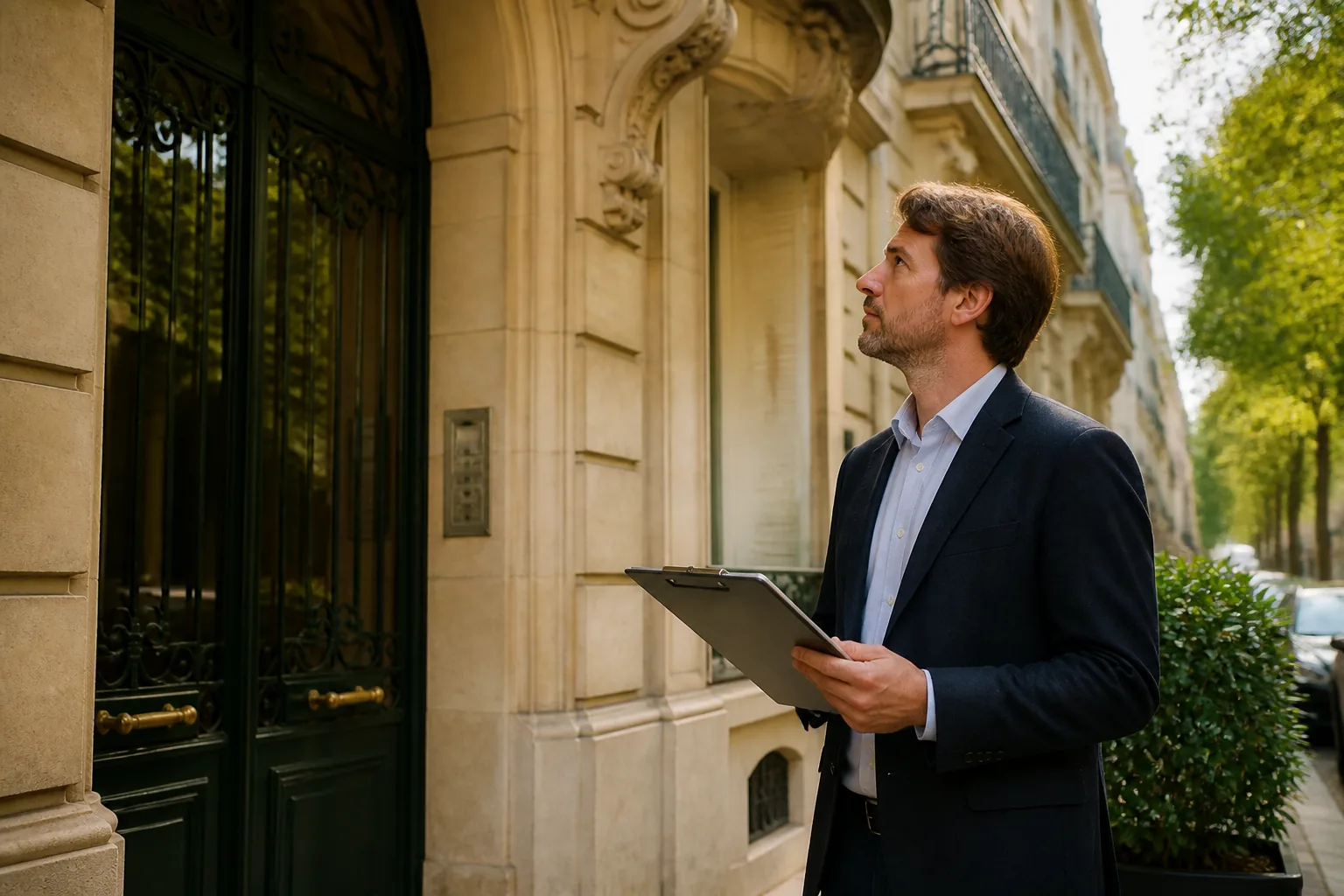 Professionnel de syndic devant un immeuble parisien