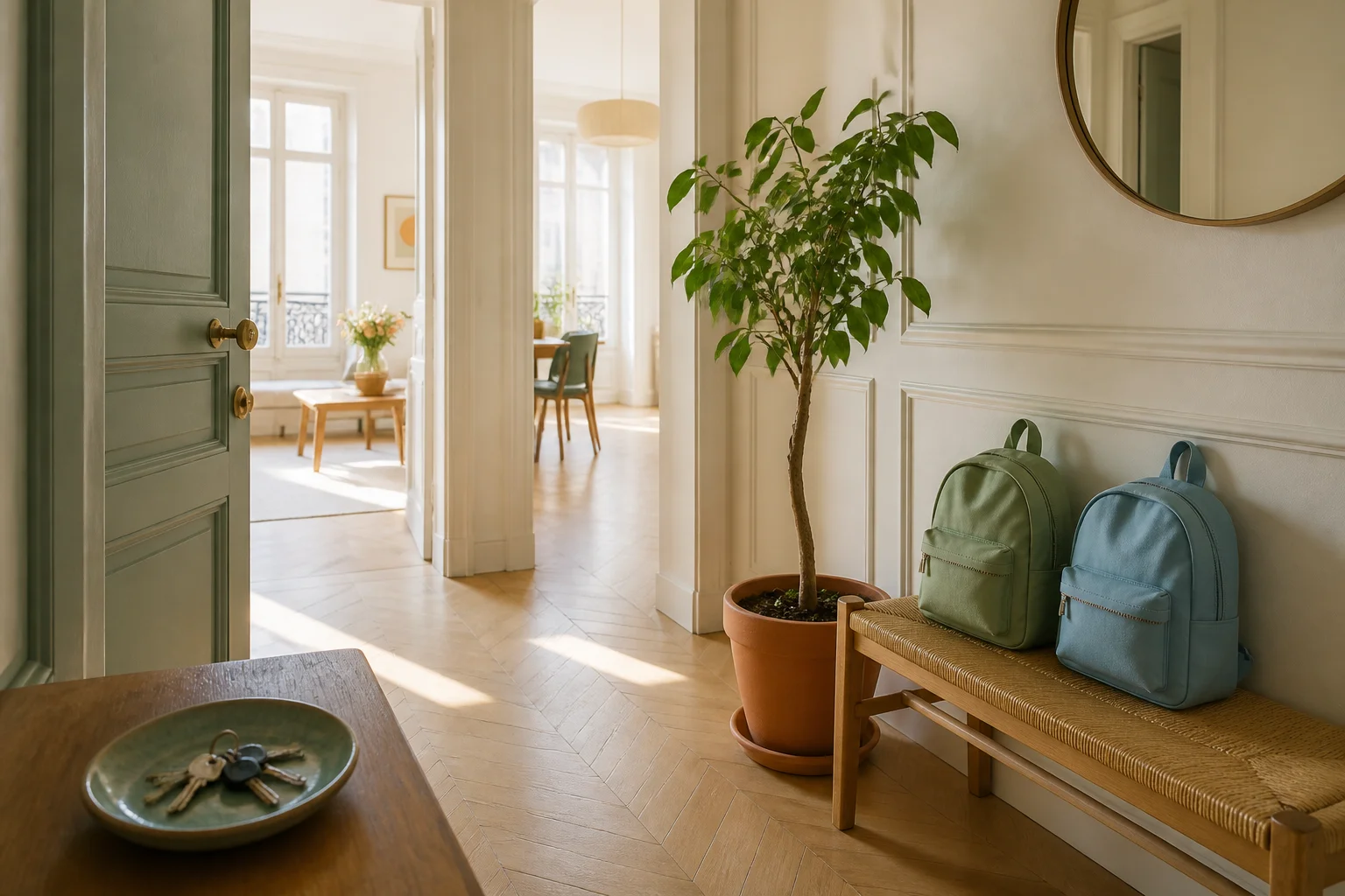 Entrée d'appartement parisien rangée avec cartables prêts, nouveau départ serein