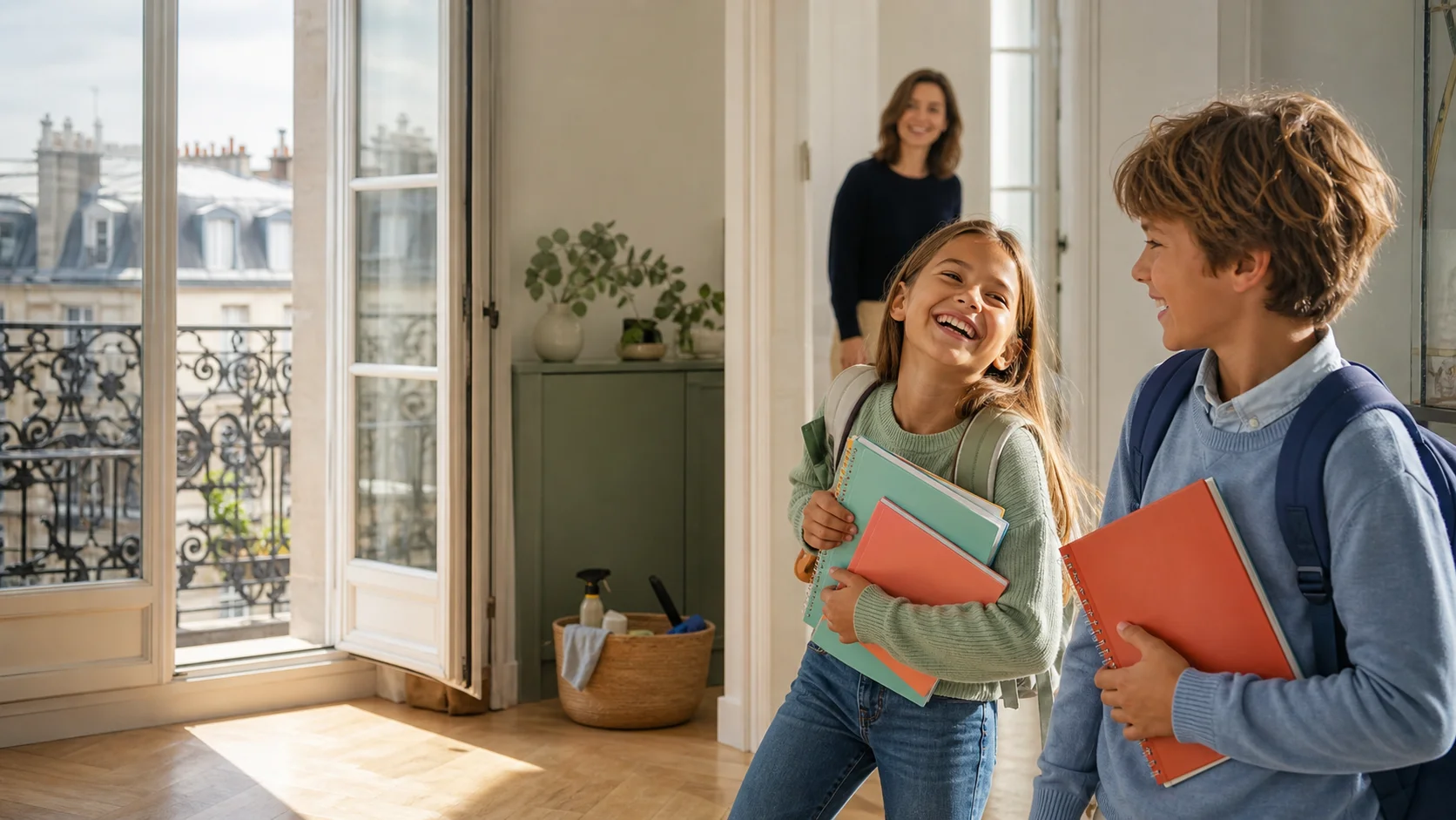 Deux enfants heureux avec leurs cartables rentrent dans leur appartement parisien lumineux, leur mère au fond