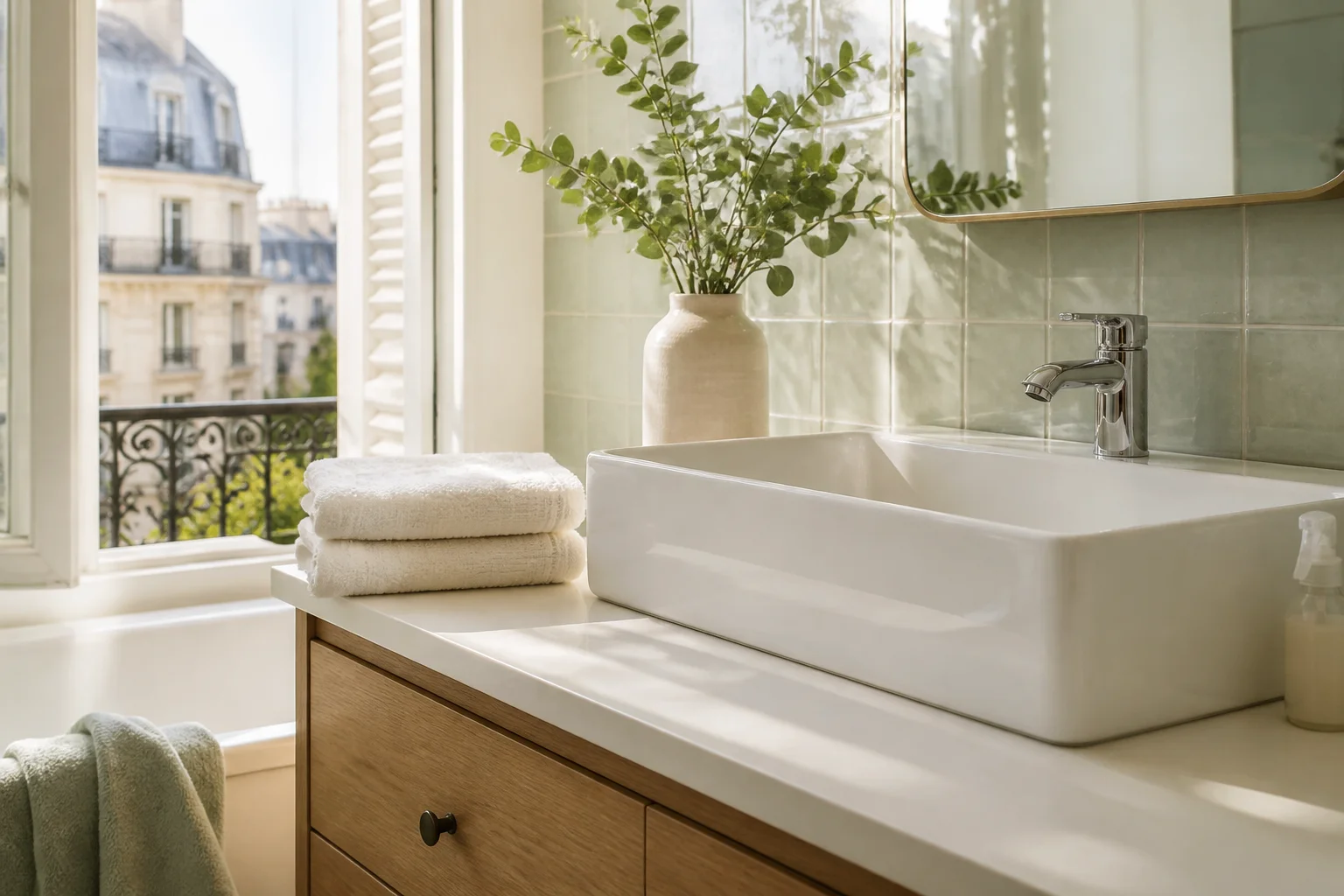 Salle de bains parisienne lumineuse et impeccable après un grand ménage