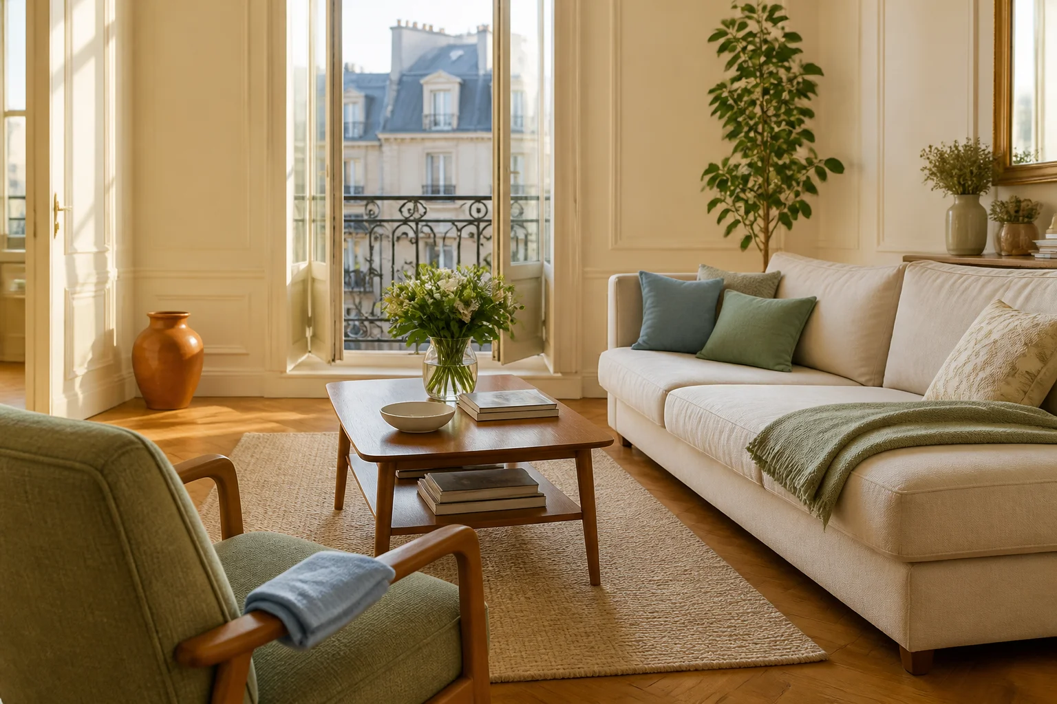 Salon parisien lumineux et soigné pour un ménage régulier