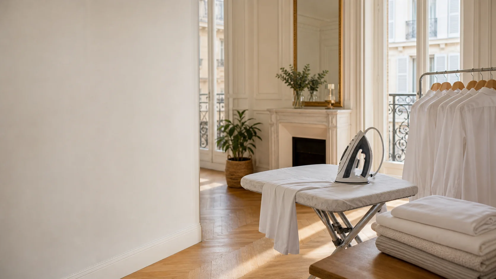 Repassage à domicile à Paris avec chemises blanches impeccables et linge plié