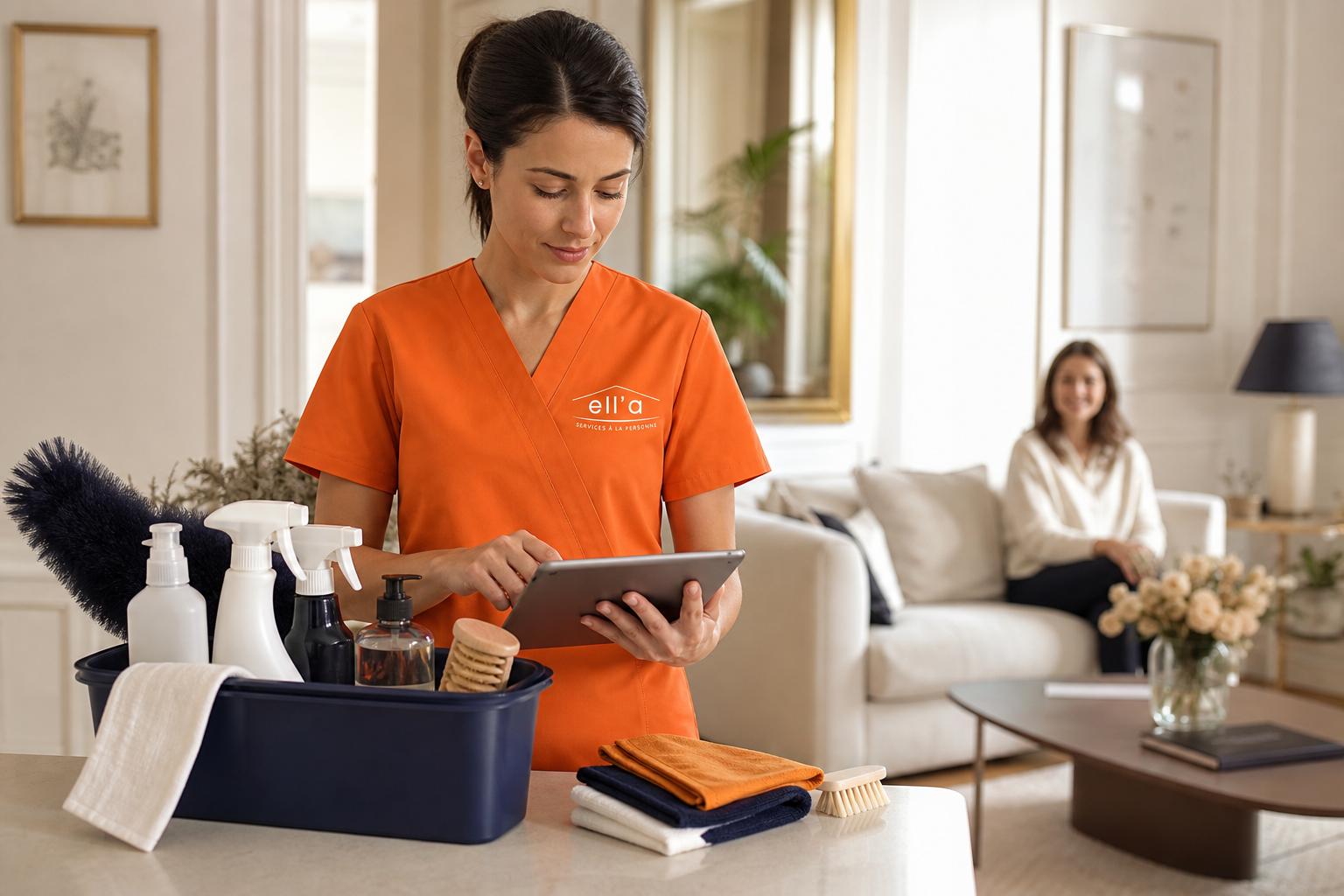 Une intervenante Ell'a Services en tenue orange suit les consignes de prestation sur une tablette