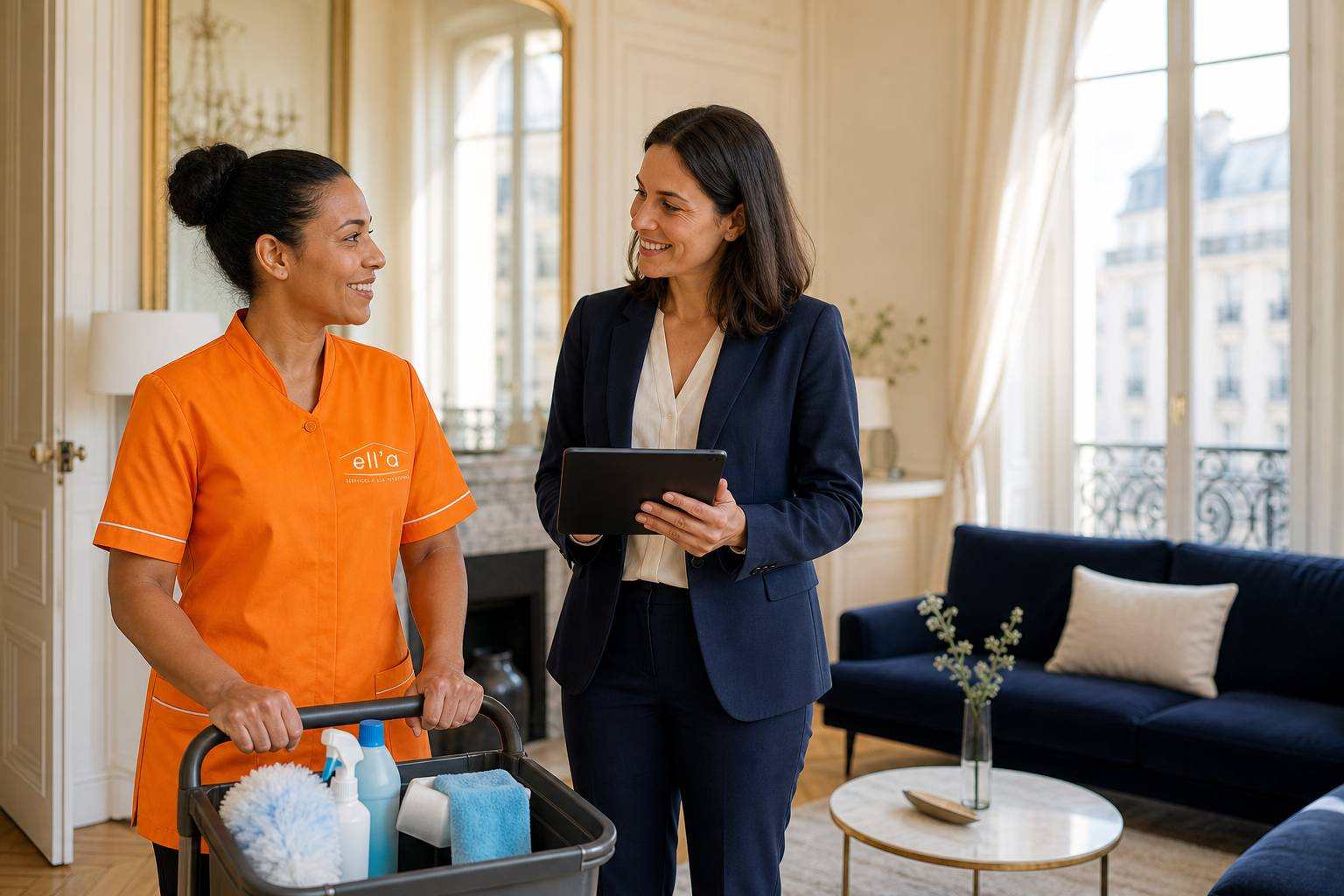 Intervenante Ell'a Services en tenue orange échangeant avec sa responsable dans un appartement parisien