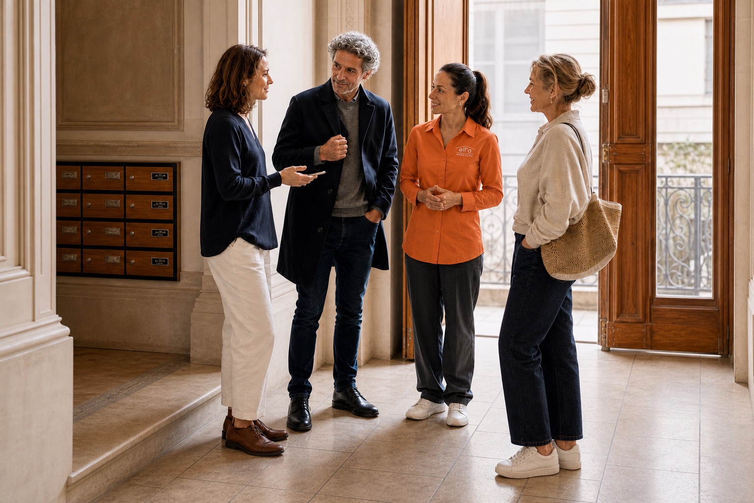 Des voisins parisiens échangent avec une employée de maison en blouse orange portant le logo Ell'a Services
